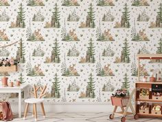 the wallpaper is decorated with deer and pine trees