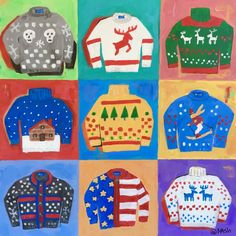 an image of children's sweaters painted in different colors and sizes on canvas