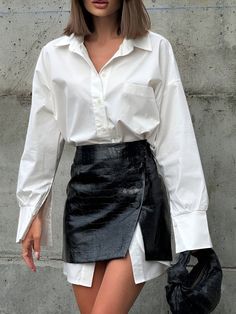 Casual Solid Shirt With Faux Leather Mini Skirt Set Rock Outfit, Lady Style, Faux Leather Mini Skirt, Spring Wear, Office Fashion Women, Loose Long Sleeve, Skirt Sets, Loose Outfit, Spring Women