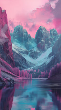 the mountains are reflected in the water as the sky is pink and blue with clouds