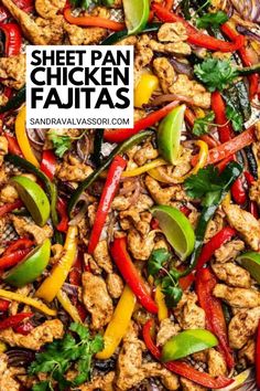 sheet pan chicken fajitas with red peppers and green bell peppers on the side