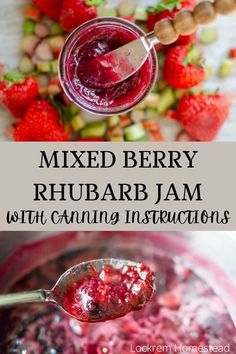 Capture the best flavors of summer in this delicious fruit-forward mixed berry rhubarb jam. It's made with less sugar than jam made with commercial pectin and simmers until it has a soft set for the perfect spread. Canning instructions are included so you can fill your pantry shelves. Rhubarb Jam Recipes Canning, Mixed Fruit Jam Recipe, Blueberry Rhubarb Jam, Fresh Berries Recipes, Canning Instructions, Berry Jam Recipe, Salsa Canning Recipes