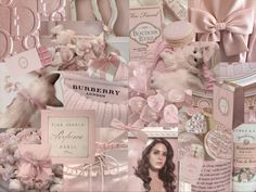 a collage of pink and white items