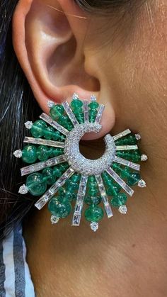 Round Emerald Beaded & White Cz Hoop Spike Earrings Sun Style 925 Sterling Silve Diy Jhumka, Gold Jewelry Fashion Necklace, Gold Aesthetic Jewelry, Aesthetic Jewelry Photography, Jwellary Design, Gold Jwellary, Jewelry Shein, Tanishq Jewellery, Simple Elegant Jewelry