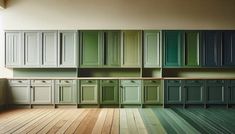 an empty kitchen with green cabinets and wood flooring on the walls, in front of a window