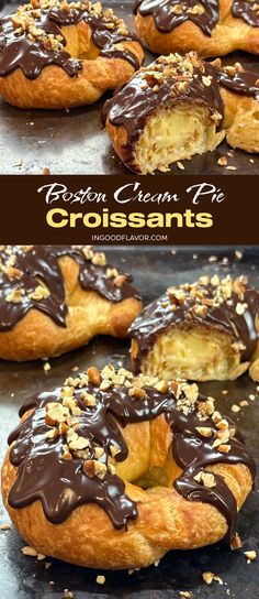 Boston Cream Pie Croissants Boston Cream Pie Croissants, Croissant With Chocolate Filling, Cheesecake Stuffed Croissants, Custard Croissant Recipe, Croissant Snack Ideas, Custard Filled Croissant, Sweet Croissant Fillings, White Chocolate Croissant, Boston Cream Puffs