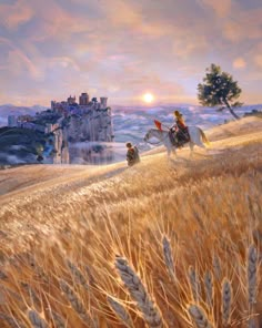 two people riding horses through a wheat field with a castle in the background at sunset