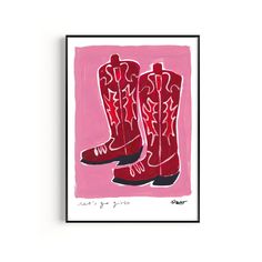 a painting of red cowboy boots on a pink background