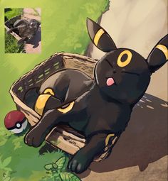 a black pokemon pikachu laying on top of a wooden crate next to a mushroom