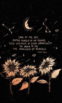 sunflowers and stars in the sky with a quote on it