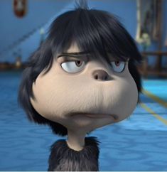 an animated character with black hair and big eyes looking at the camera while standing in front of a swimming pool