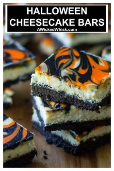 halloween cheesecake bars stacked on top of each other with the title in the middle