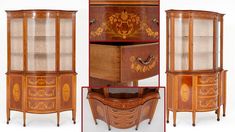 three different views of an old fashioned wooden display cabinet with glass doors and carvings on it