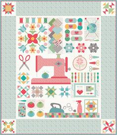 a quilt with many different items on the front and back, including sewing needles, scissors,