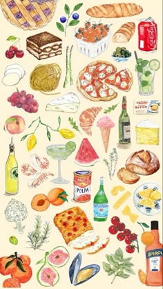 a painting of different types of food and drinks