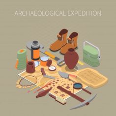 an image of some art supplies on a table with the words archaeological expedition