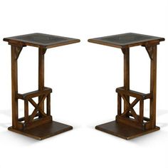 two wooden tables sitting side by side on top of each other, one with an open end table