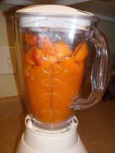 a blender filled with oranges on top of a counter