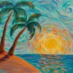 a painting of two palm trees on an island