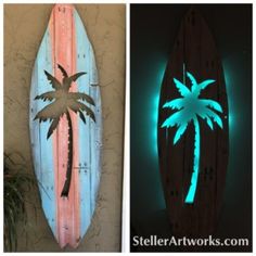 a surfboard with a palm tree on it next to an image of a neon light