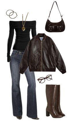 Coffee Style Fashion, Brown And Black Outfit Ideas, Modern Muse Style, Brown Boot Outfits For Women, Brown Boots And Jeans Outfit, Brown Black And White Outfit, British Outfits Aesthetic, Vouge Outfit Idea, Vintage Leather Jacket Outfits Women