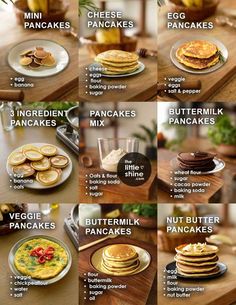 a poster showing different types of pancakes on a wooden table with bananas in the background