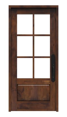 a wooden door with glass panels on the front and side panel, in dark brown