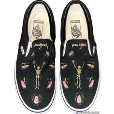 Elevate Your Sneaker Game With These Custom Vans Of The Wall Skeletons Low Tops. Perfect For Any Casual Or Athletic Occasion, These Unisex Sneakers Feature Slip- On For A Customizable Fit. The Black Cotton Upper Is Accented With Colorful Skeleton Characters, Making Them A Unique Addition To Any Shoe Collection. The Rubber Outsole Provides Traction And Durability, While The Foam Insole Offers Cushioned Comfort For All-Day Wear. These Sneakers Are Perfect For Summer, Fall, Or Spring, And Are Available In Us Size 7.5 For Men Or Women (Size 9), Uk Size 6.5, And Eu Size 40.0. They're A One-Of-A-Kind Pair With A Customized Design, Signed By No One But Made For Anyone. Don't Miss Out On The Chance Skater Shoes, Custom Vans, Sneaker Games, Vans Black, Low Top Sneakers, Custom Sneakers, Mens Vans, Vans Shoes, Summer Fall