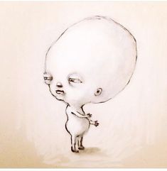 a drawing of a baby alien with its head in the shape of a ballon