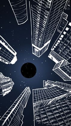 an image of a black hole in the sky with buildings all around it and stars