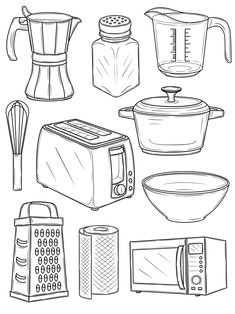 Procreate Stamps Kitchen Items Illustration, Food Clip Art Black And White, Kitchen Objects Drawing, Bakery Elements, Grey Stickers, Nike Photoshoot, Brush Set Procreate, Furniture Drawing