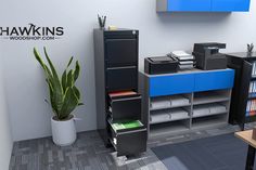 an office with shelves, filing cabinets and a potted plant