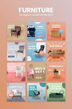 the furniture social media postcard is displayed on an orange and pink background with different colors