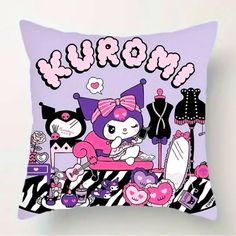 a pillow with an image of hello kitty and other items on the front that says, kurom