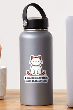 Meditating Cat - I am not sleeping. I am meditating white and orange cat Sticker White And Orange Cat, Meditating Cat, Holding A Cup Of Coffee, Cat And Coffee, Not Sleeping, I Drink Coffee, White And Orange, Cat Quotes, Coffee Enthusiast