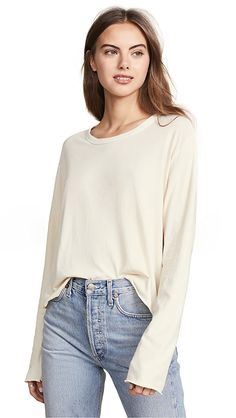 THE GREAT. The Long Sleeve Crop Tee | SHOPBOP Long Shirt Outfits, Tshirt And Jeans, Jeans Styling, Ganni Dress, Style Guru, All Black Looks, Light Sweater, Long Sleeve Crop, Long Shirt