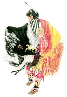 a drawing of a man in costume with feathers on his head and legs, holding a bag