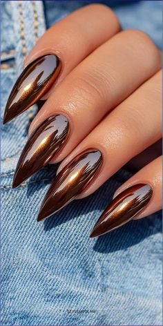 Get inspired with gorgeous fall nail designs that are perfect for both fall and winter seasons. Try these cozy colors and trendy patterns! #fallnails #winternaildesigns #fallnailtrends #winternails2024 Fall Mustard Nails, Fall Copper Nails, Copper Fall Nails, Fall Nail Designs Stiletto, Golden Brown Nails, Sultry Nails, 2024 Autumn Nails, Nails 2024 Fall, Copper Chrome Nails