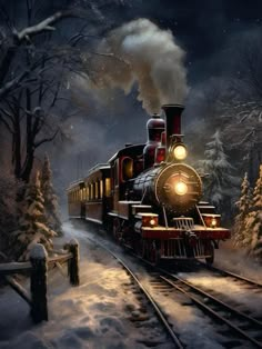 a painting of a train going down the tracks at night with snow on the ground