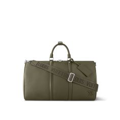 LOUIS VUITTON® - Keepall Bandoulière 50 - Khaki Luxury Leather Luggage, Luxury Green Shoulder Bag With Leather Trim, Luxury Luggage With Detachable Strap, Luxury Luggage With Adjustable Strap For Weekend Trips, Luxury Leather Luggage With Adjustable Strap, Louis Vuitton Mens Bag, Workout Bag, Suitcases Travel, Windsor England