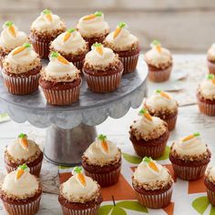 cupcakes with white frosting and carrot decorations on a cake platter surrounded by other cupcakes