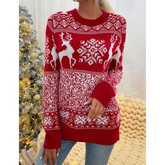 Red Round Collar Christmas Elk Print Sweater Red Tops For Fall Holiday, Red Holiday Tops For Fall, Red Tops For Holiday And Fall Season, Red Tops For Holiday In Fall, Red Christmas Holiday Sweater, Red Tops For Winter Holiday, Red Holiday Top For Winter, Red Long Sleeve Tops For New Year, Red Festive Tops For New Year