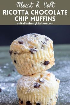 three chocolate chip muffins stacked on top of each other in front of the text