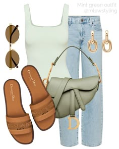 Virtual Stylist Summer, Outfits Capsule Wardrobe, Neutral Outfits, Sunglasses Summer, Green Bodysuit, Fendi Bag, Neutral Aesthetic, Dior Sandals