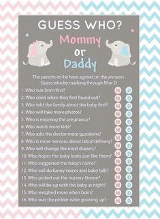 a baby shower game with an elephant on it's back and the words, guess who? mommy or daddy