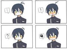 an anime character with green eyes and black hair is shown in four different expressions, including the