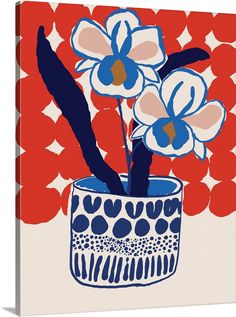 a blue and white flower pot with flowers in it on a red and white background