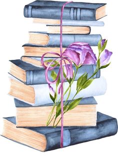 a watercolor painting of flowers on top of books with a ribbon tied around them