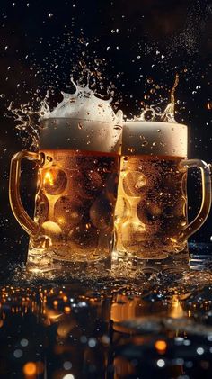 two mugs of beer are splashing out of the water with bubbles around them