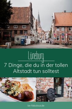 an image of a street with buildings in the background and text that reads lineburg 7 dinge, die duin der tollen alstatt